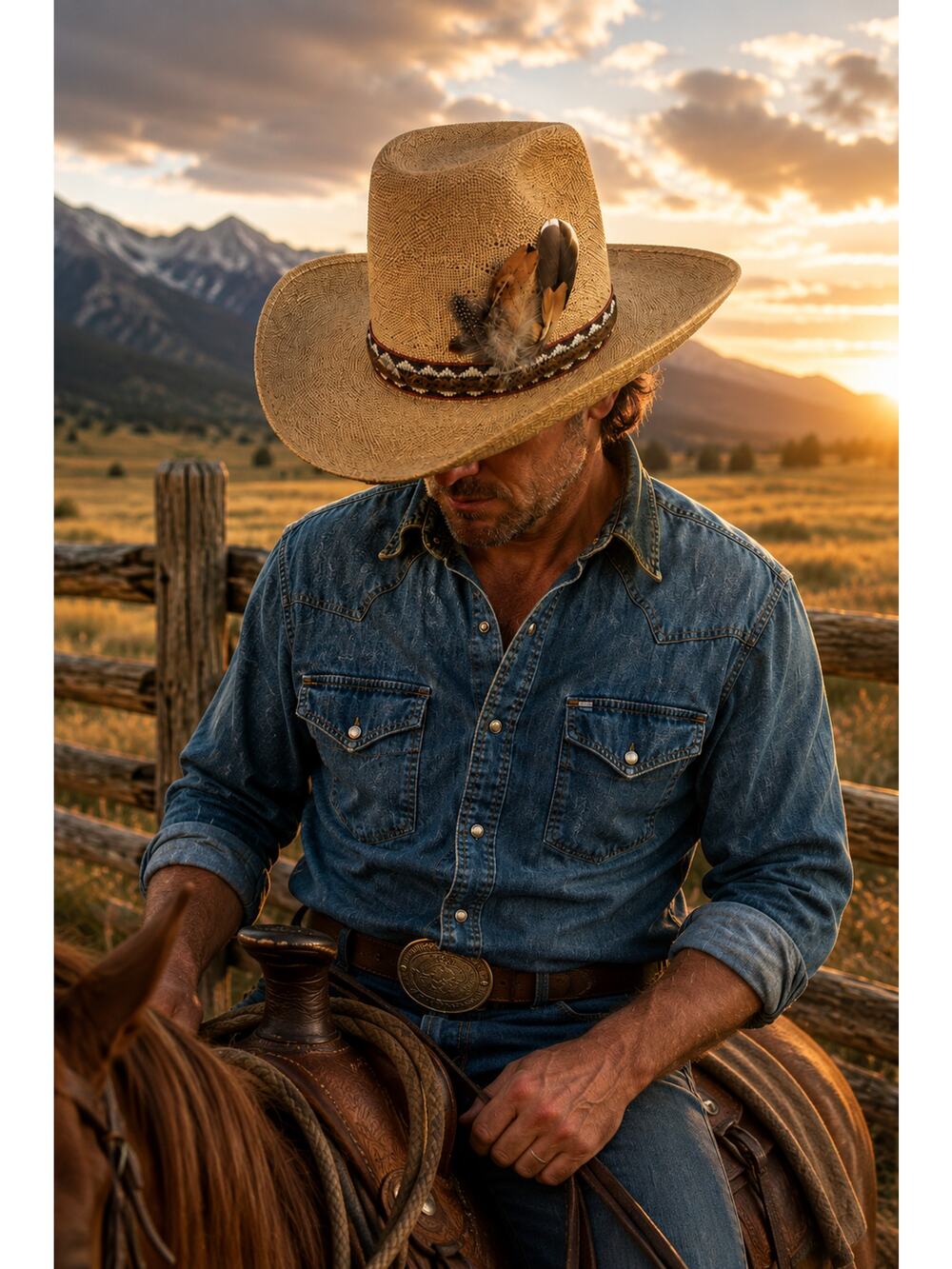 Resistol Stagecoach Straw Cowboy Hat | Feather & Aztec Band | 7 1/8